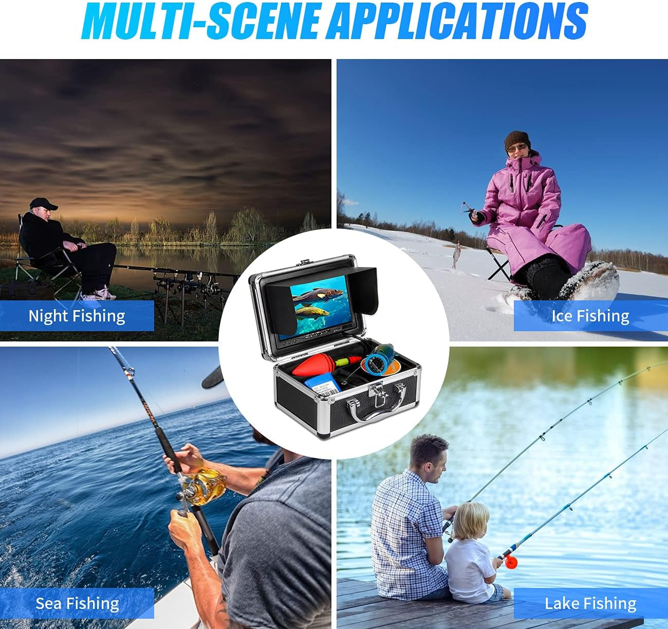 Underwater Fishing Camera, Portable Video Fish Finder Camera 7 Inch LCD Monitor 1000TVL with Depth Temperature Display, 12PCS IR Infrared LED 15M/50FT Cable Fishing Camera for Ice Lake Boat Fishing