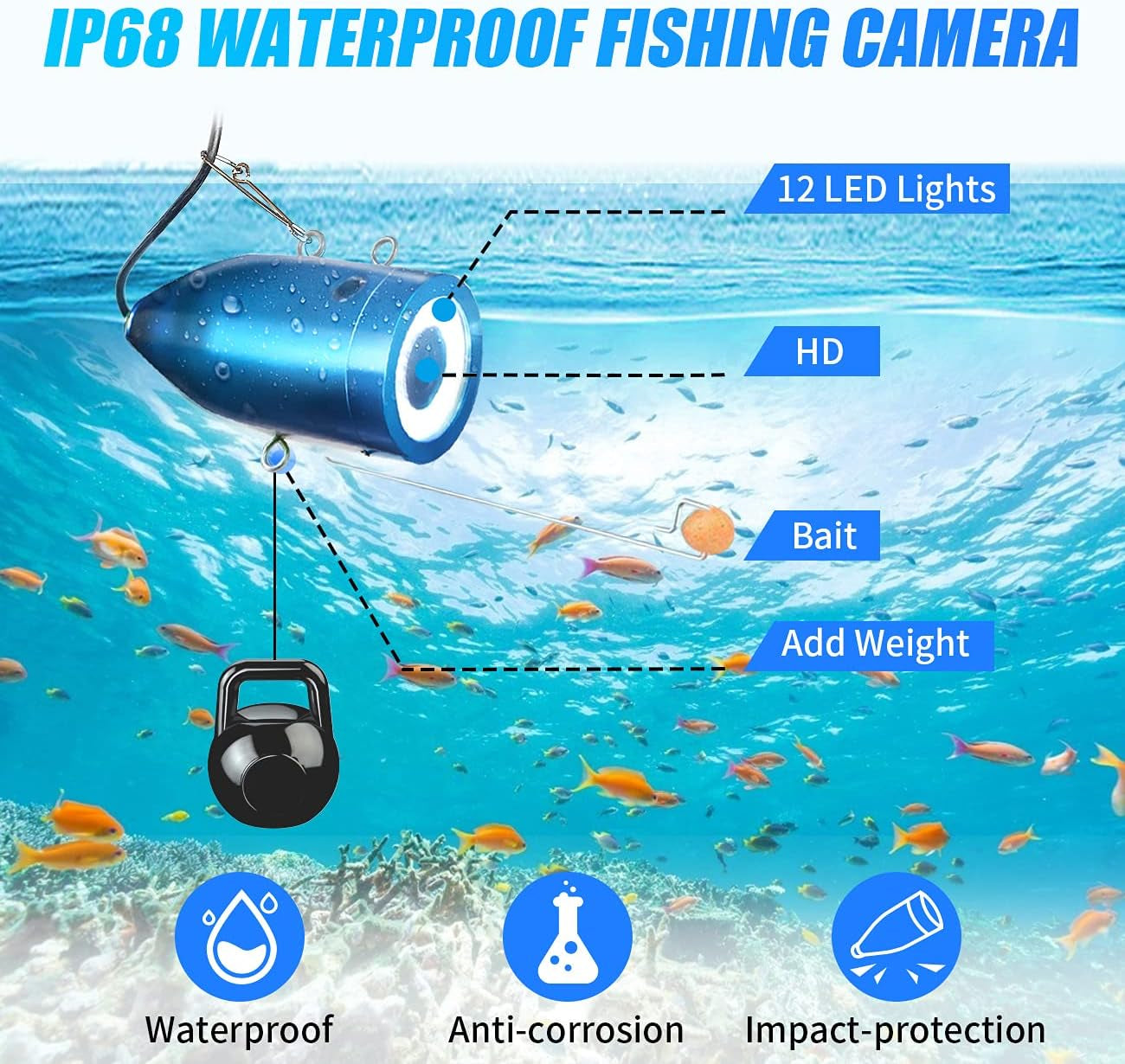 Underwater Fishing Camera, Portable Video Fish Finder Camera 7 Inch LCD Monitor 1000TVL with Depth Temperature Display, 12PCS IR Infrared LED 15M/50FT Cable Fishing Camera for Ice Lake Boat Fishing