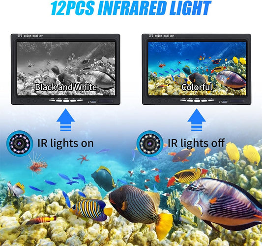 Underwater Fishing Camera, Portable Video Fish Finder Camera 7 Inch LCD Monitor 1000TVL with Depth Temperature Display, 12PCS IR Infrared LED 15M/50FT Cable Fishing Camera for Ice Lake Boat Fishing