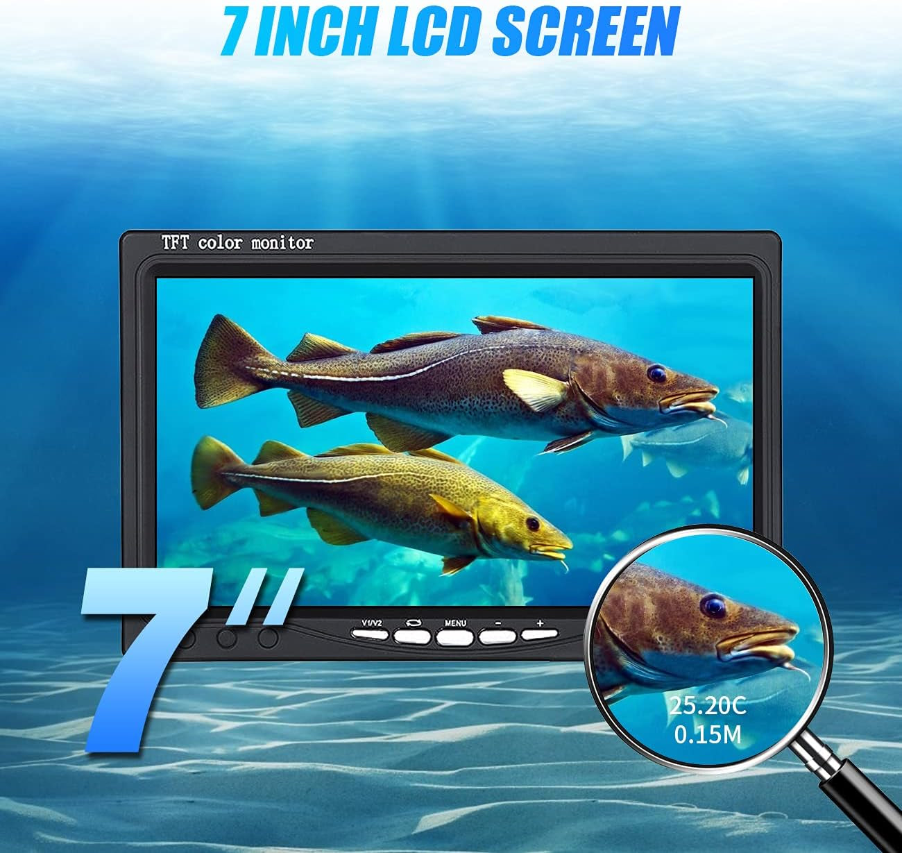 Underwater Fishing Camera, Portable Video Fish Finder Camera 7 Inch LCD Monitor 1000TVL with Depth Temperature Display, 12PCS IR Infrared LED 15M/50FT Cable Fishing Camera for Ice Lake Boat Fishing