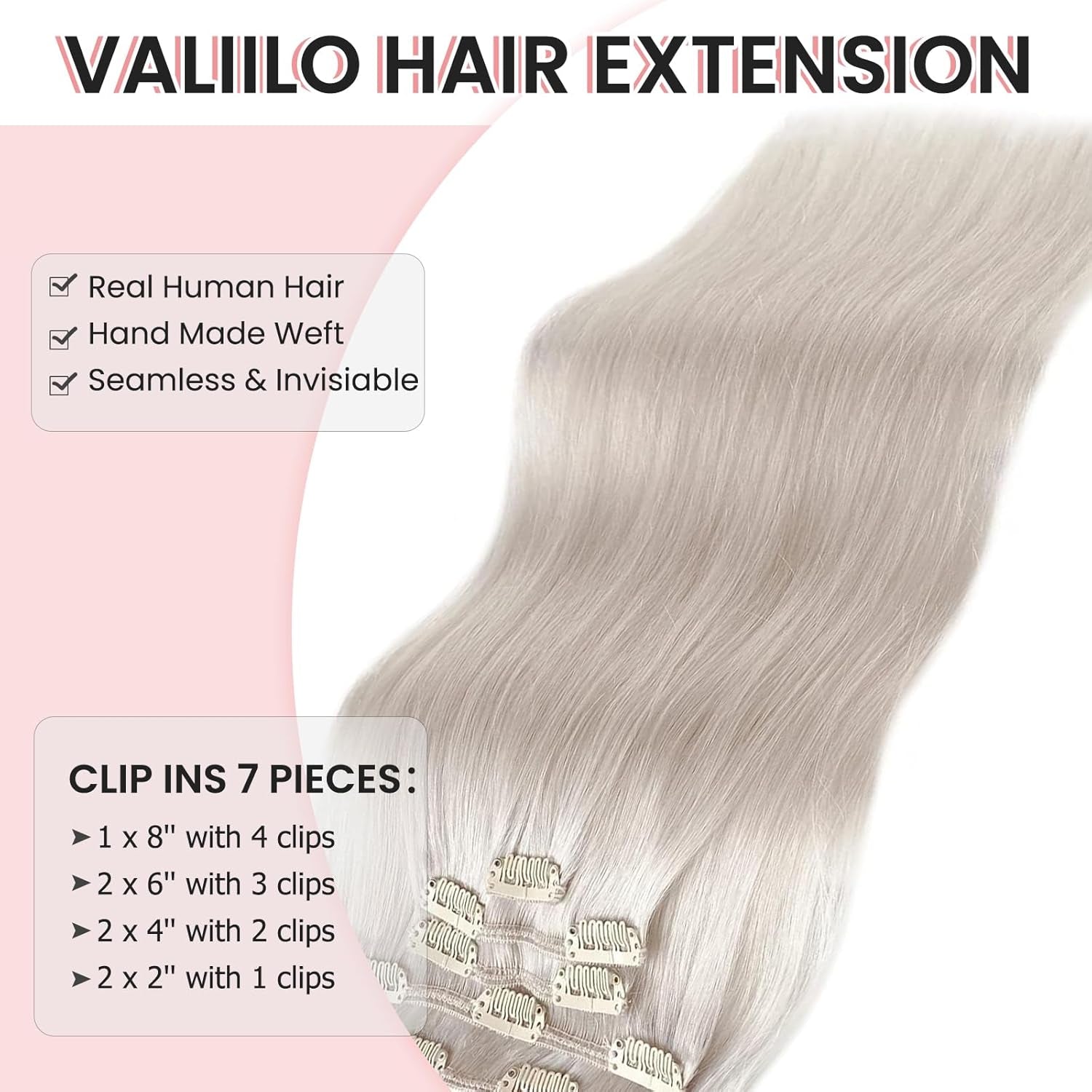 Clip in Hair Extensions Human Hair Ice White Virgin Hair Bundles for Thinning Hair Remy Human Hair Extension 16 Inch 7Pcs 70G Straight Hairpieces with Clip Ins for Women
