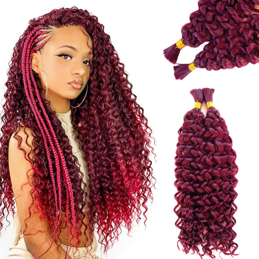Burgundy Human Braiding Hair Water Wave 2 Bundles/Pack 100G Bulk Human Hair Braiding Hair for Boho Braids,16 Inch 99J Curly Wet and Wavy Bulk Human Hair Braiding Boho for Braiding No Weft