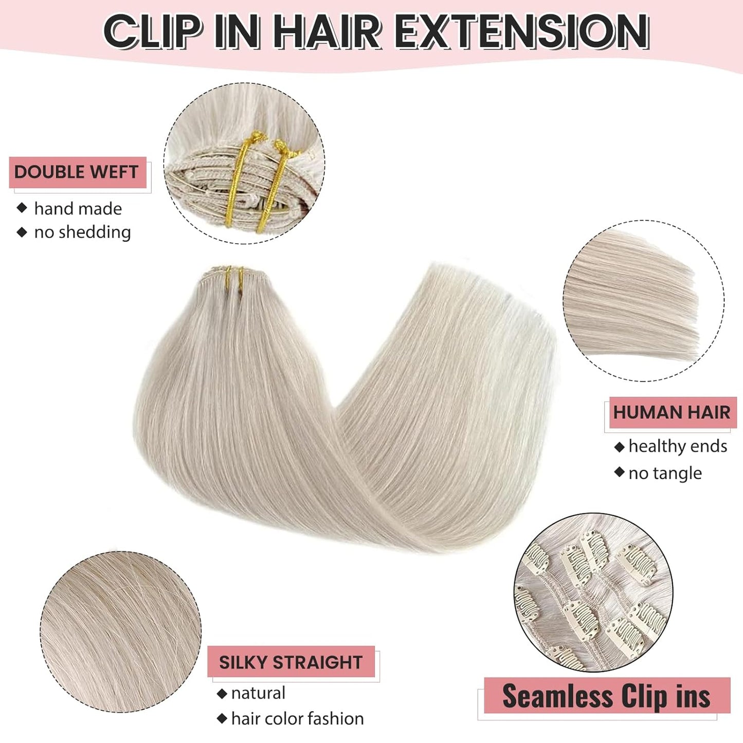 Clip in Hair Extensions Human Hair Ice White Virgin Hair Bundles for Thinning Hair Remy Human Hair Extension 16 Inch 7Pcs 70G Straight Hairpieces with Clip Ins for Women