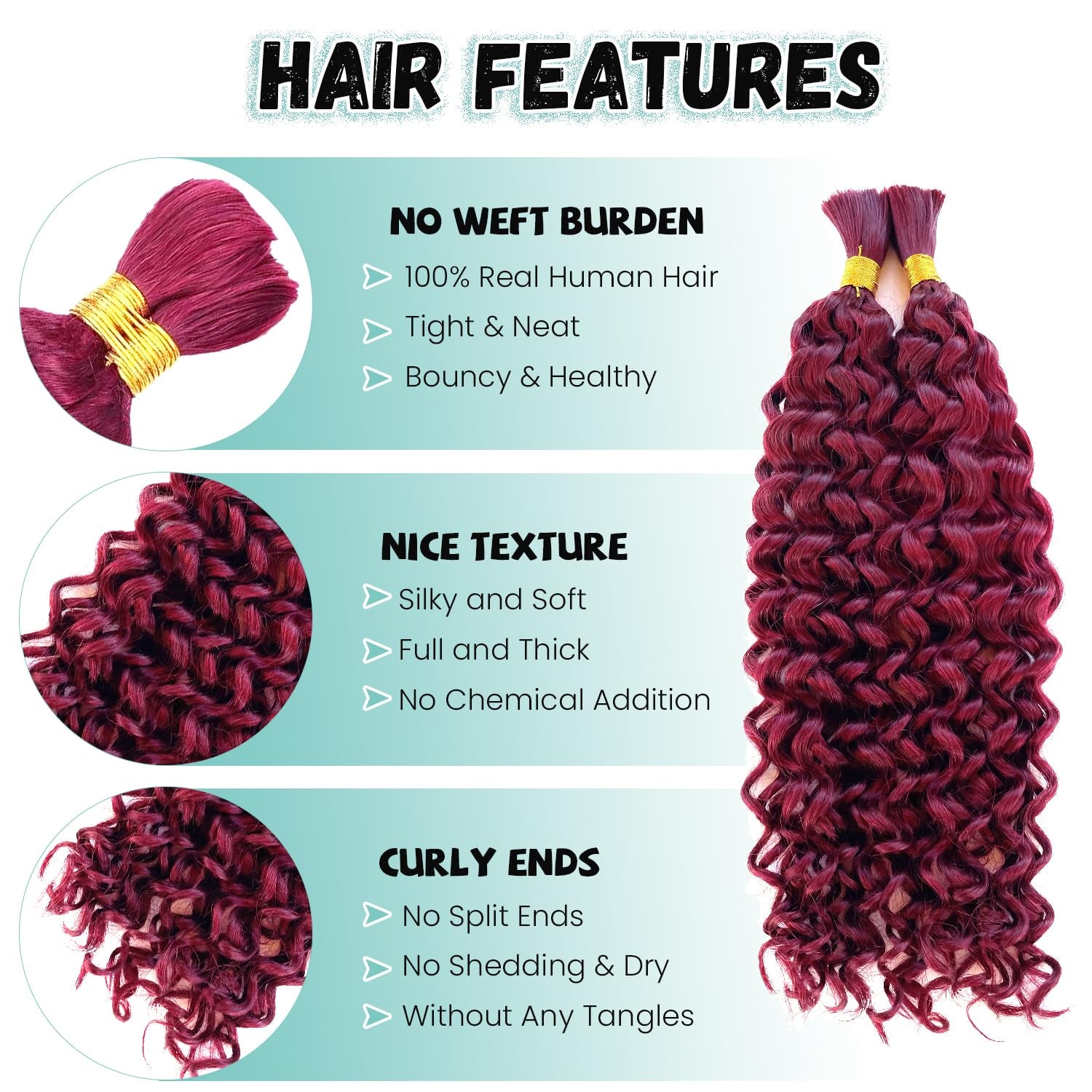 Burgundy Human Braiding Hair Water Wave 2 Bundles/Pack 100G Bulk Human Hair Braiding Hair for Boho Braids,16 Inch 99J Curly Wet and Wavy Bulk Human Hair Braiding Boho for Braiding No Weft