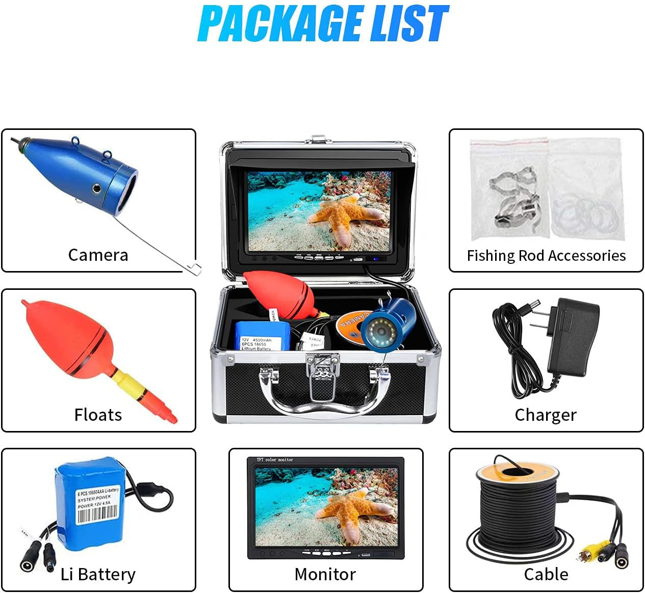 Underwater Fishing Camera, Portable Video Fish Finder Camera 7 Inch LCD Monitor 1000TVL with Depth Temperature Display, 12PCS IR Infrared LED 15M/50FT Cable Fishing Camera for Ice Lake Boat Fishing