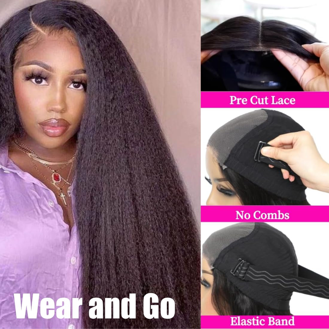 Wear and Go Glueless Wig for Beginners 5X5 HD Lace Closure Wigs Human Hairfor Black Women 180% Density Kinky Straight Glueless Wigs Human Hair Pre Plucked Pre Cut Lace Natural Color 34Inch