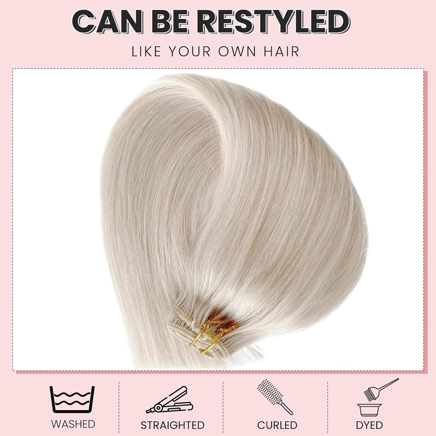 Clip in Hair Extensions Human Hair Ice White Virgin Hair Bundles for Thinning Hair Remy Human Hair Extension 16 Inch 7Pcs 70G Straight Hairpieces with Clip Ins for Women
