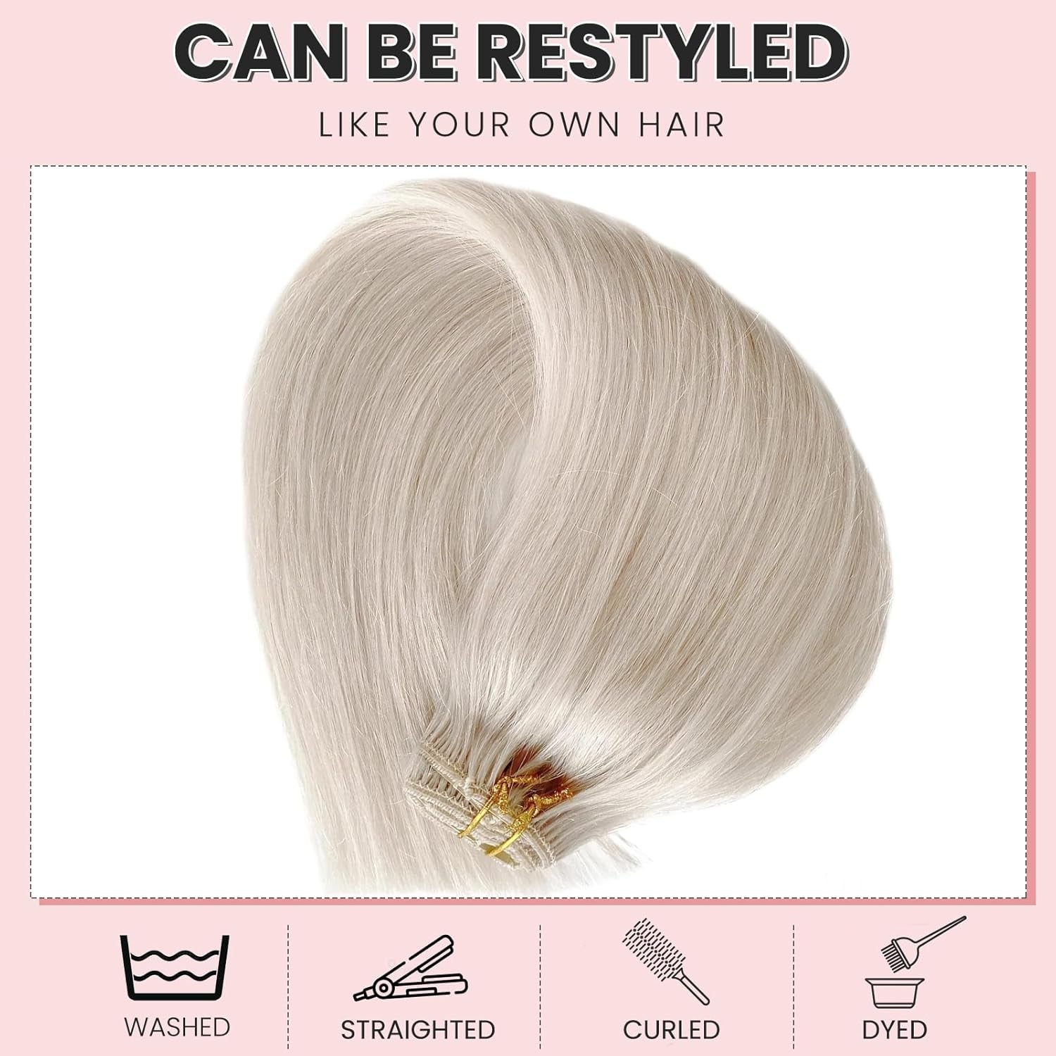 Clip in Hair Extensions Human Hair Ice White Virgin Hair Bundles for Thinning Hair Remy Human Hair Extension 16 Inch 7Pcs 70G Straight Hairpieces with Clip Ins for Women