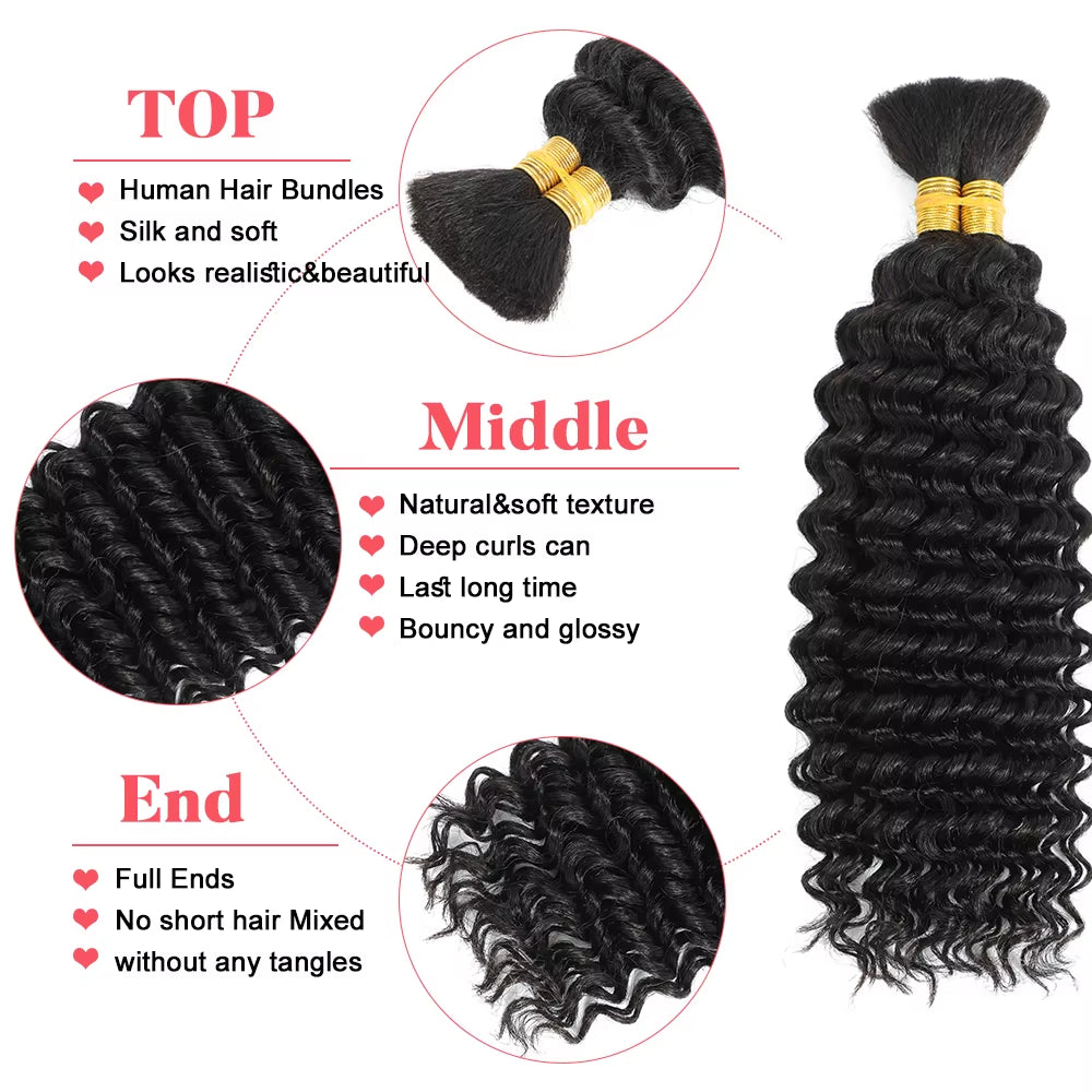 Human Braiding Hair Deep Wave Bulk Human Hair 100G No Weft Human Hair Bundles Micro Human Braiding Hair for Boho Braids