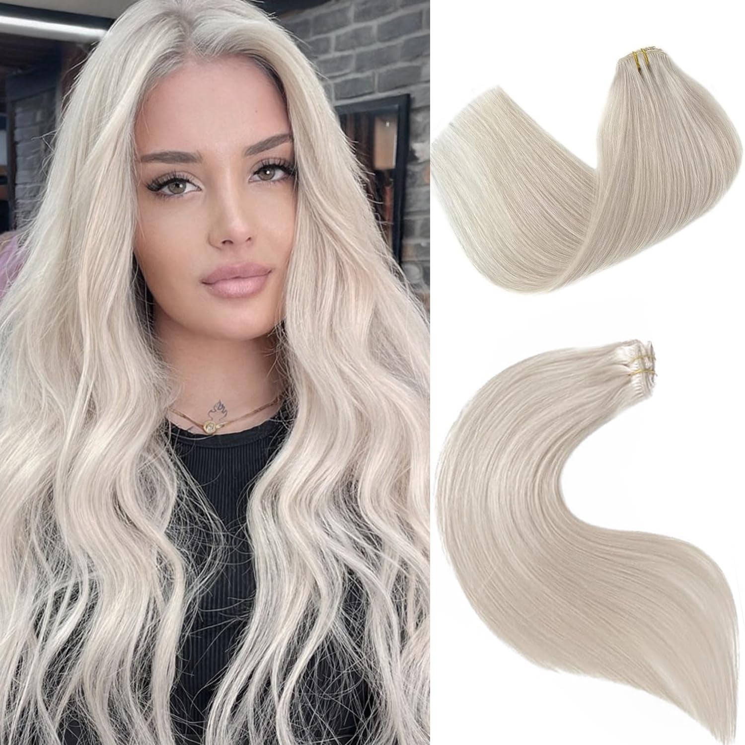 Clip in Hair Extensions Human Hair Ice White Virgin Hair Bundles for Thinning Hair Remy Human Hair Extension 16 Inch 7Pcs 70G Straight Hairpieces with Clip Ins for Women