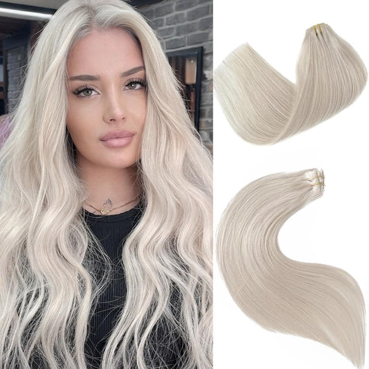 Clip in Hair Extensions Human Hair Ice White Virgin Hair Bundles for Thinning Hair Remy Human Hair Extension 16 Inch 7Pcs 70G Straight Hairpieces with Clip Ins for Women