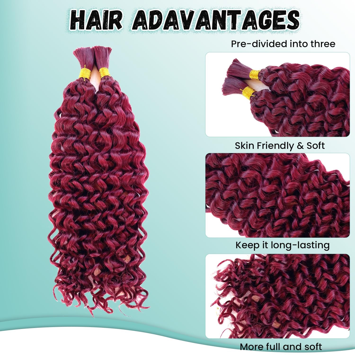 Burgundy Human Braiding Hair Water Wave 2 Bundles/Pack 100G Bulk Human Hair Braiding Hair for Boho Braids,16 Inch 99J Curly Wet and Wavy Bulk Human Hair Braiding Boho for Braiding No Weft